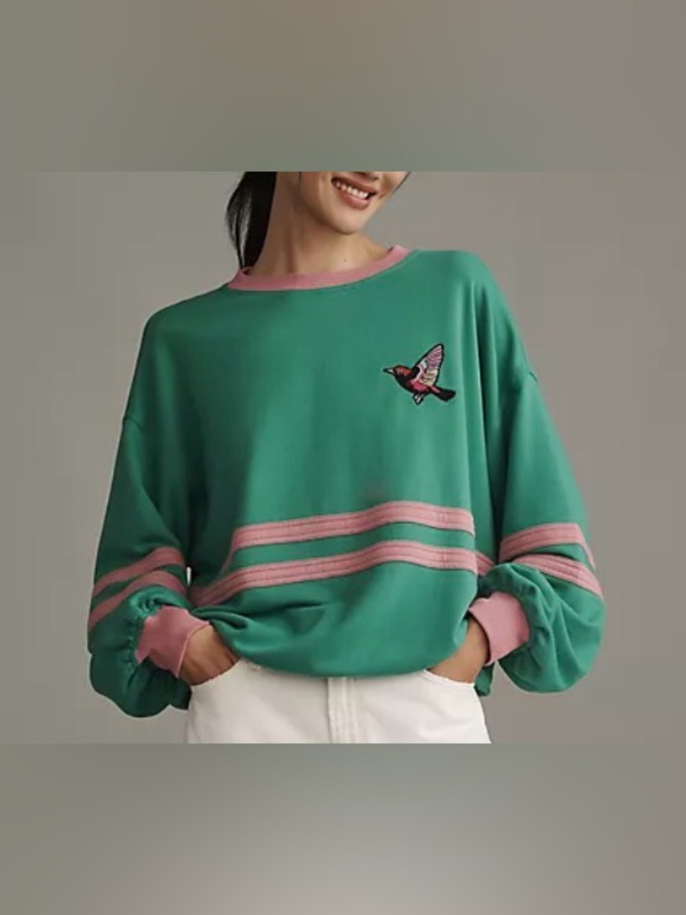 Green & Pink Embroidered Bird Sweatshirt